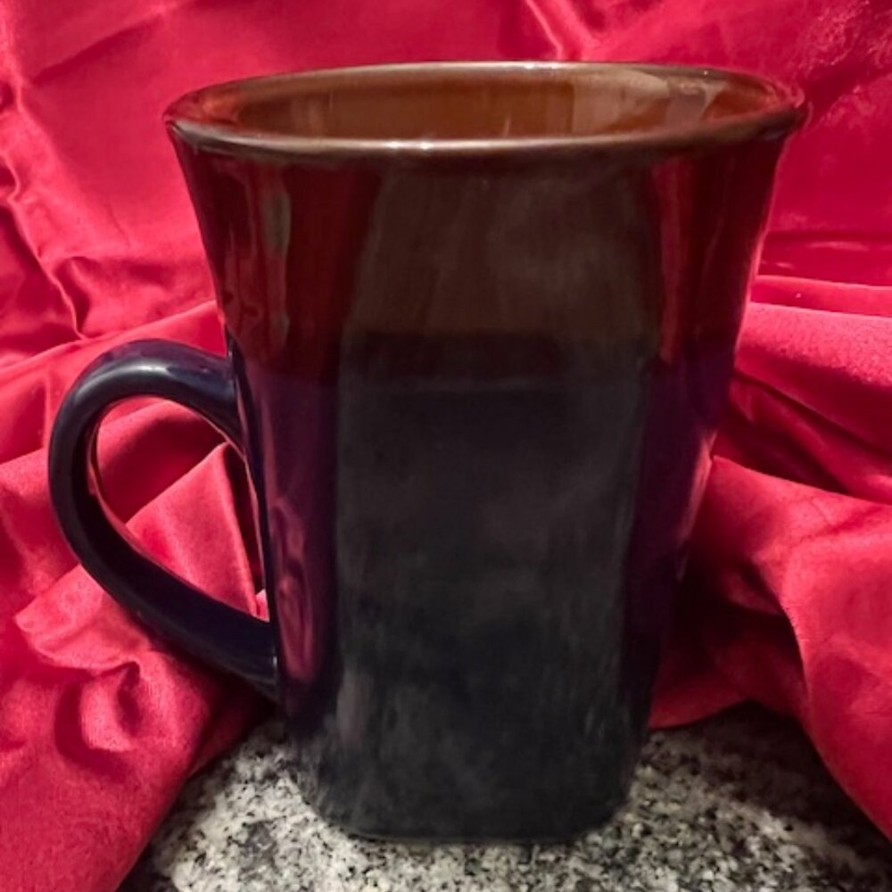 Royal Norfolk stoneware coffee mug. square-shaped base and a two-tone blue/brown